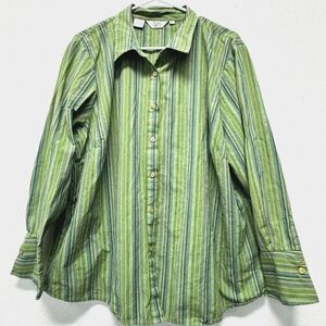 Ishyu Button Blouse 2X Green Teal Striped 100% Cotton Grannycore Work  Lagenlook